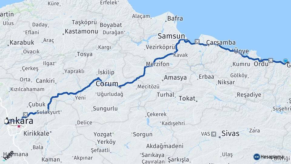 Giresun Sincan Ankara Arası Kaç Km - Yol Haritası