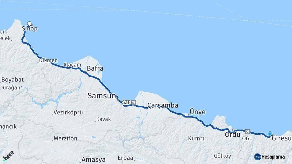Giresun Sinop Arası Kaç Km - Yol Haritası
