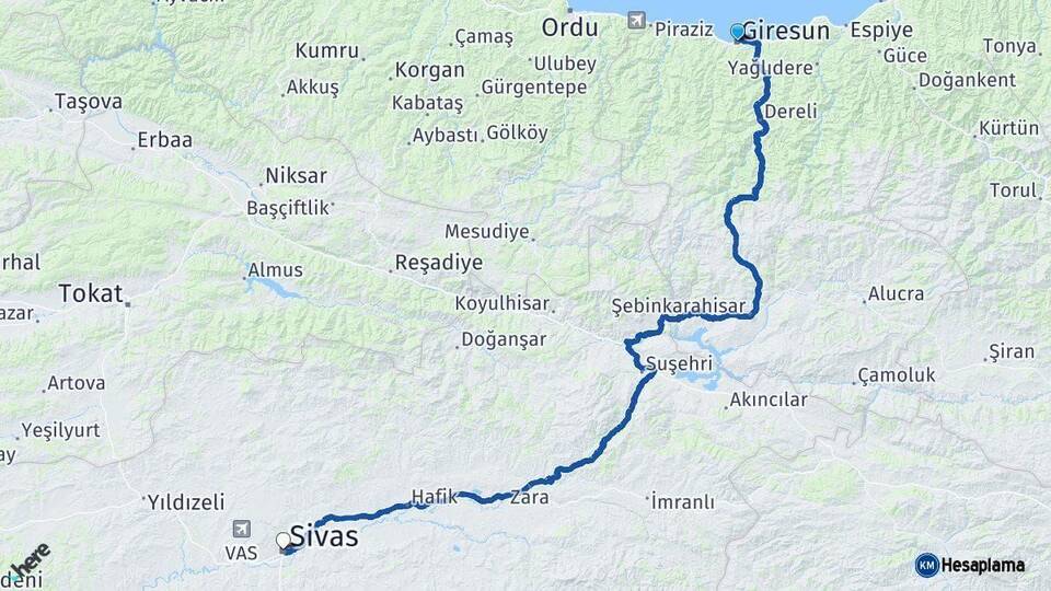 Giresun Sivas Arası Kaç Km - Yol Haritası