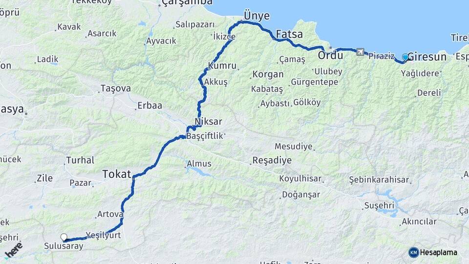 Giresun Sulusaray Tokat Arası Kaç Km - Yol Haritası