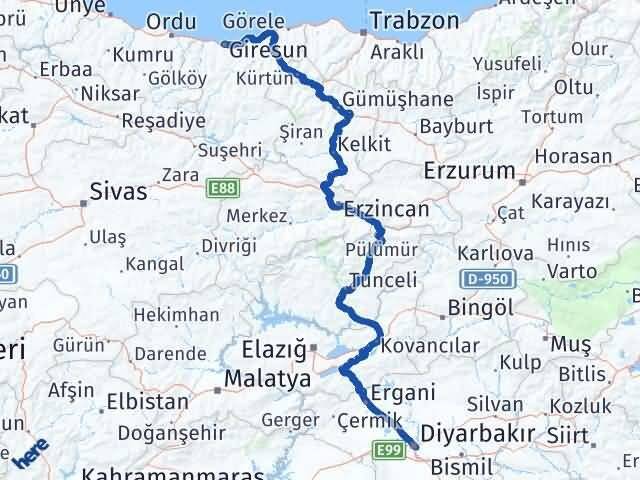 Giresun Sur Diyarbakır Arası Kaç Km - Yol Haritası