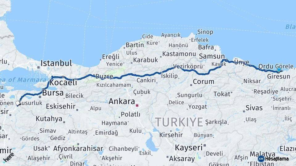 Giresun Susurluk Balıkesir Arası Kaç Km - Yol Haritası