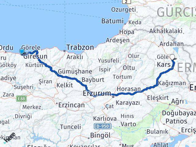 Giresun Susuz Kars Arası Kaç Km - Yol Haritası