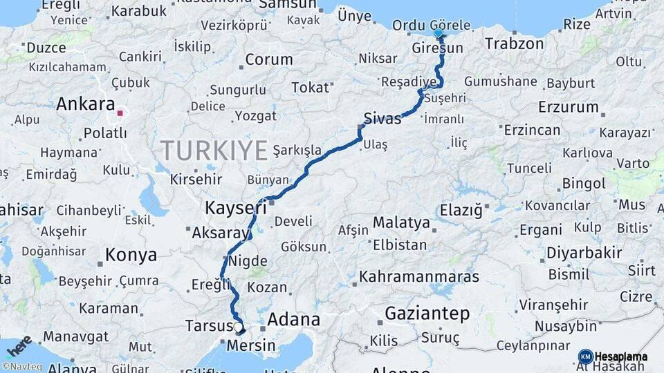 Giresun Tarsus Mersin Arası Kaç Km - Yol Haritası