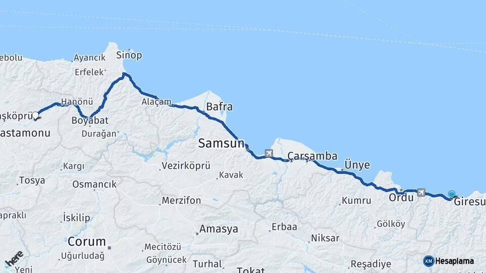 Giresun Taşköprü Kastamonu Arası Kaç Km - Yol Haritası