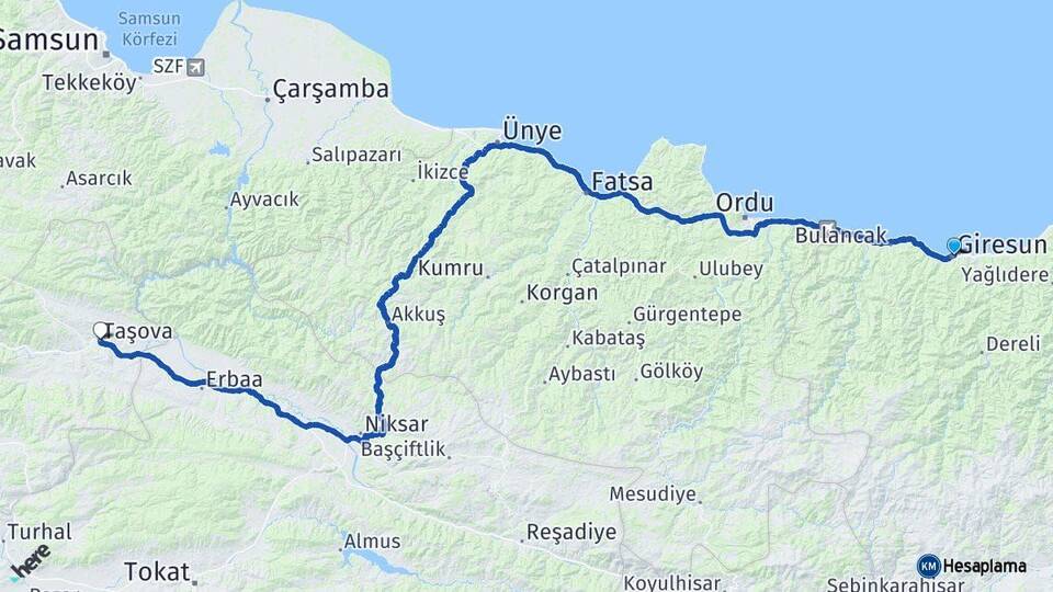 Giresun Taşova Amasya Arası Kaç Km - Yol Haritası