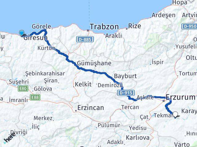 Giresun Tekman Arası Kaç Km - Yol Tarifi