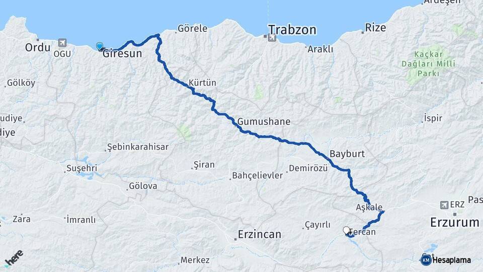 Giresun Tercan Erzincan Arası Kaç Km - Yol Haritası