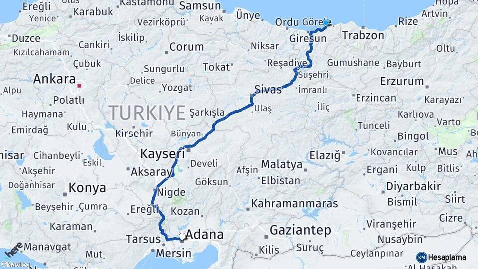 Giresun Tirebolu Adana Arası Kaç Km - Yol Haritası