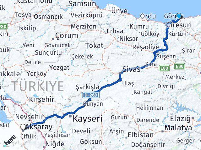 Giresun Tirebolu Aksaray Arası Kaç Km - Yol Haritası
