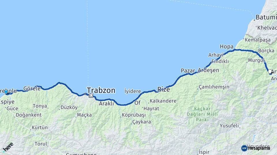 Giresun Tirebolu Artvin Arası Kaç Km - Yol Haritası