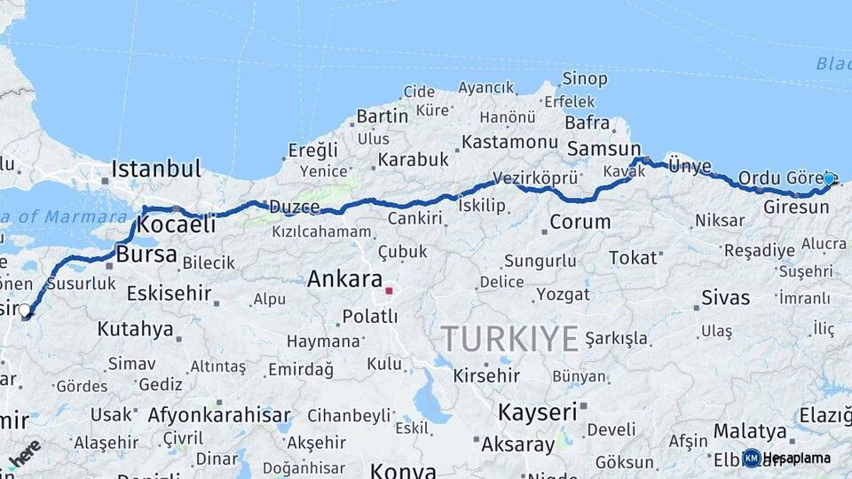 Giresun Tirebolu Balıkesir Arası Kaç Km - Yol Haritası