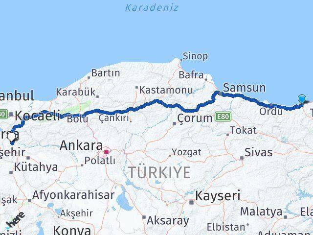 Giresun Tirebolu Bilecik Arası Kaç Km - Yol Haritası