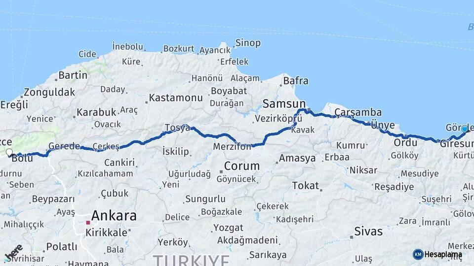 Giresun Tirebolu Bolu Arası Kaç Km - Yol Haritası
