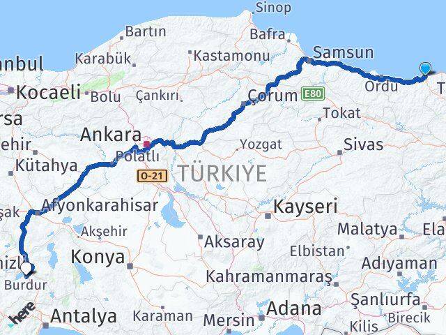 Giresun Tirebolu Burdur Arası Kaç Km - Yol Haritası