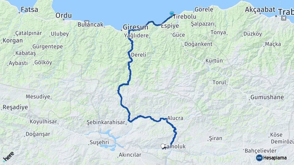 Giresun Tirebolu Çamoluk Arası Kaç Km - Yol Haritası