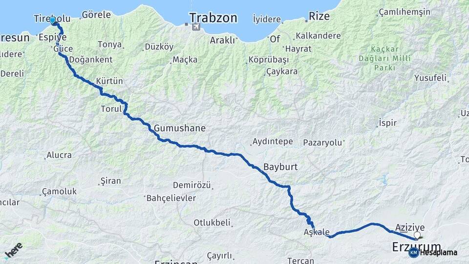 Giresun Tirebolu Erzurum Arası Kaç Km - Yol Haritası