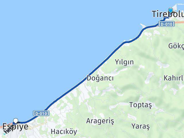 Giresun Tirebolu Espiye Arası Kaç Km - Yol Haritası