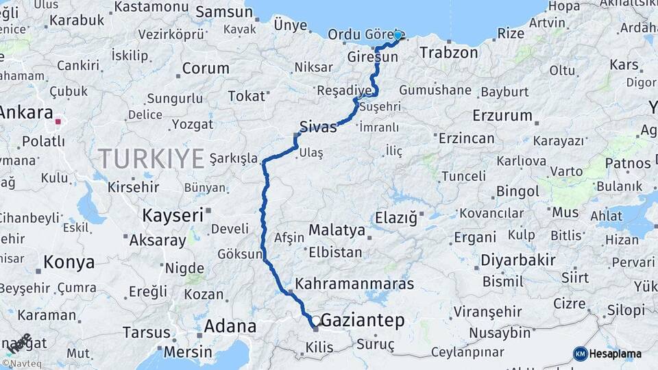 Giresun Tirebolu Gaziantep Arası Kaç Km - Yol Haritası