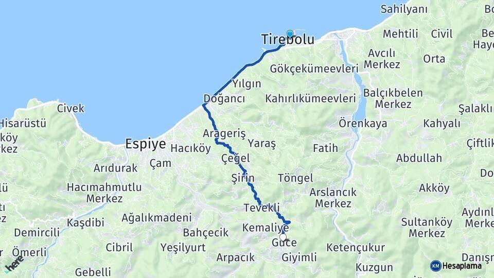 Giresun Tirebolu Güce Arası Kaç Km - Yol Haritası
