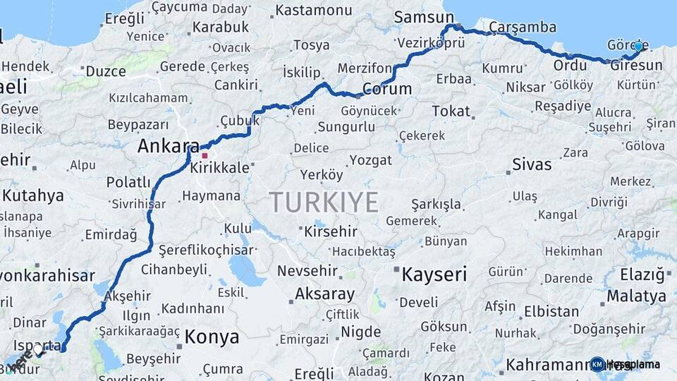 Giresun Tirebolu Isparta Arası Kaç Km - Yol Haritası