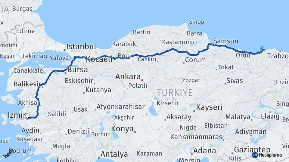 Giresun Tirebolu İzmir Arası Kaç Km - Yol Haritası