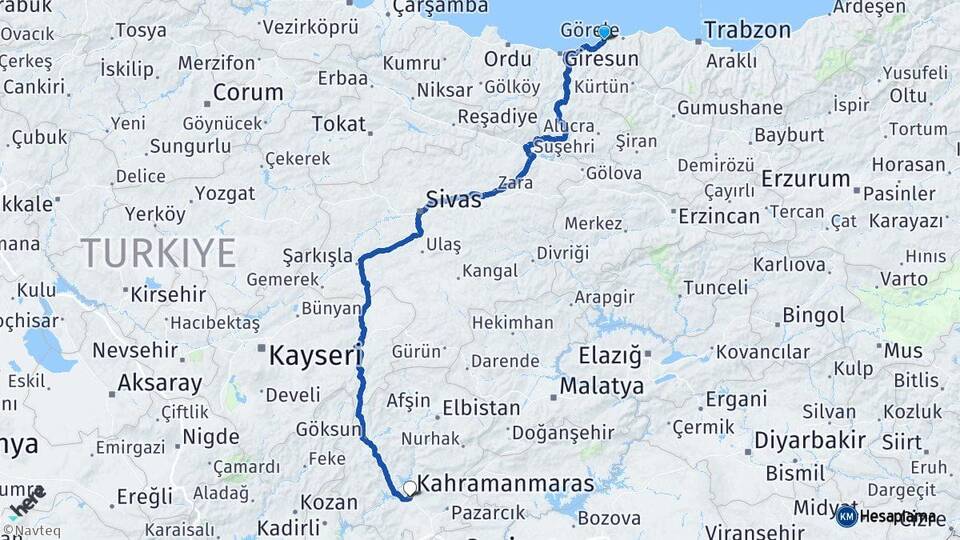 Giresun Tirebolu Kahramanmaraş Arası Kaç Km - Yol Haritası