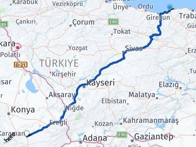 Giresun Tirebolu Karaman Arası Kaç Km - Yol Haritası