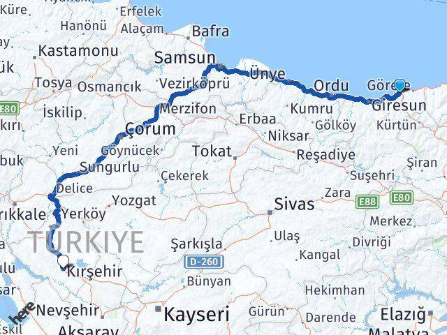 Giresun Tirebolu Kırşehir Arası Kaç Km - Yol Haritası