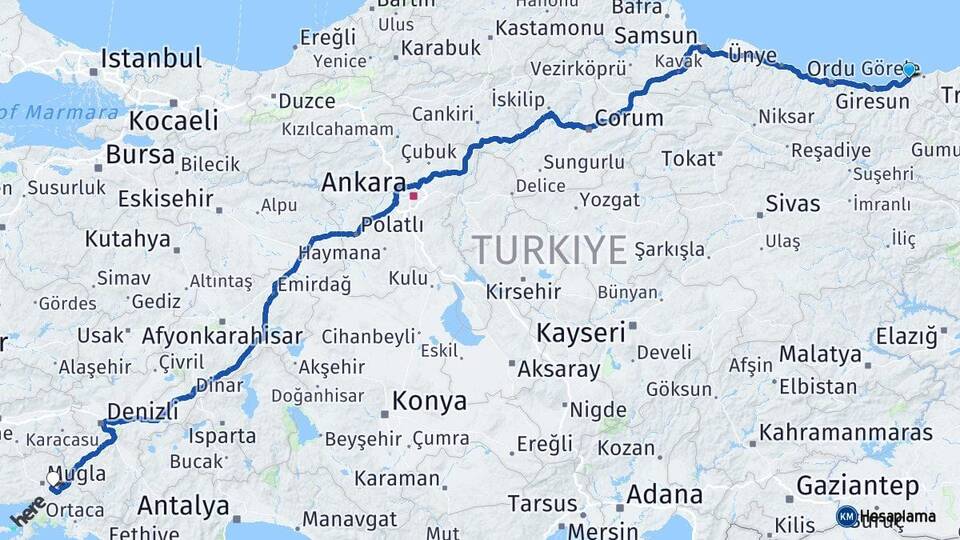 Giresun Tirebolu Muğla Arası Kaç Km - Yol Haritası