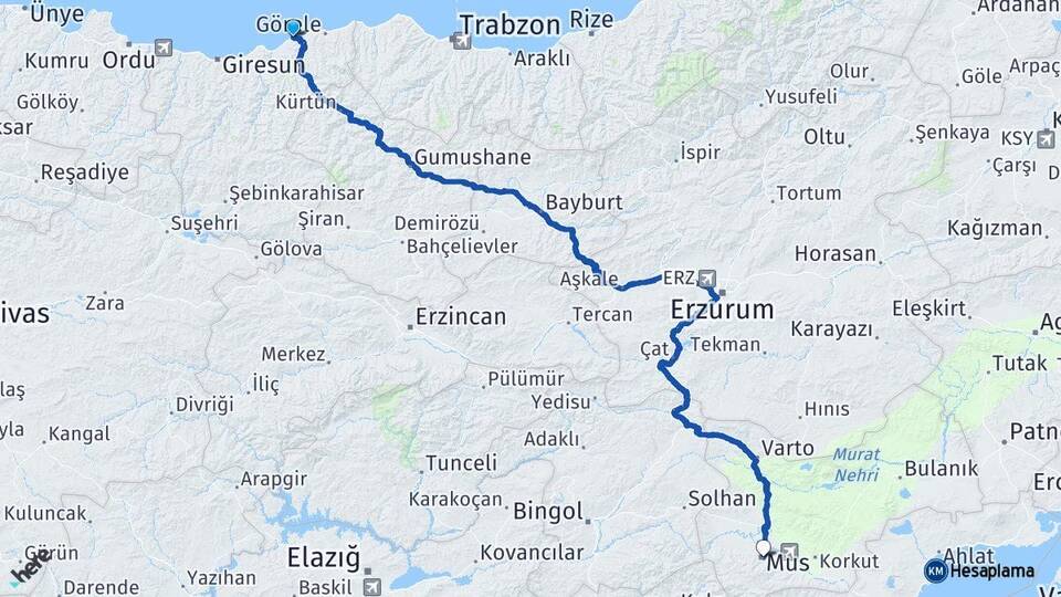 Giresun Tirebolu Muş Arası Kaç Km - Yol Haritası