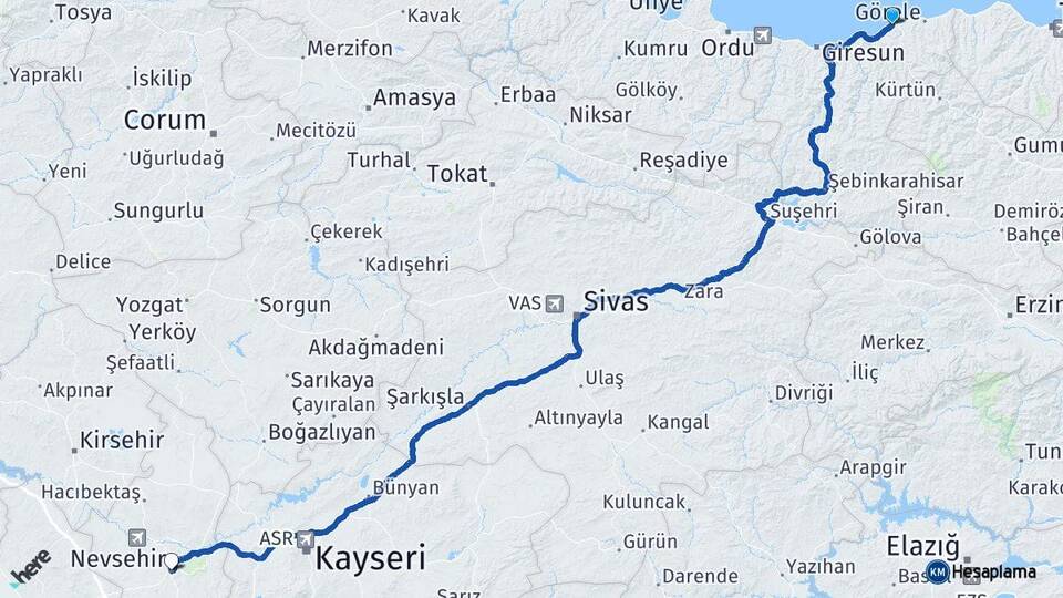 Giresun Tirebolu Nevşehir Arası Kaç Km - Yol Haritası