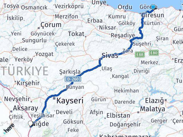 Giresun Tirebolu Niğde Arası Kaç Km - Yol Haritası