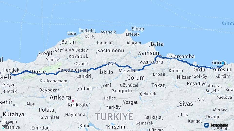 Giresun Tirebolu Sakarya Arası Kaç Km - Yol Haritası