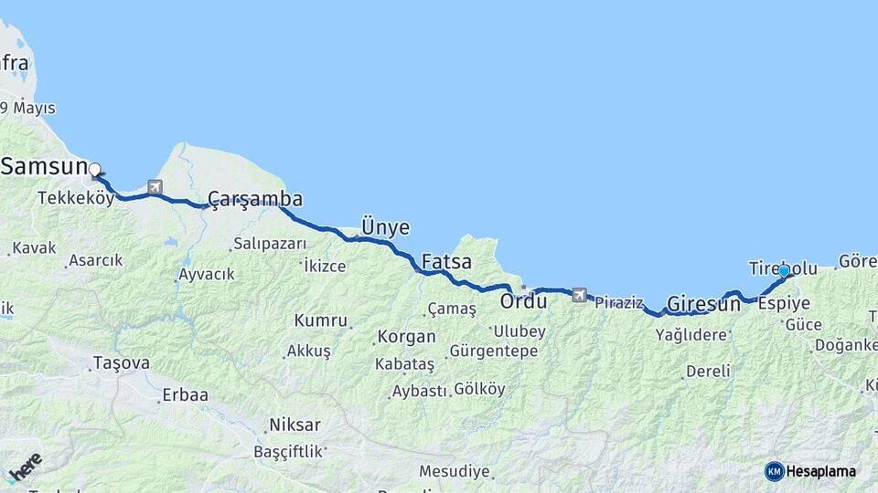 Giresun Tirebolu Samsun Arası Kaç Km - Yol Haritası