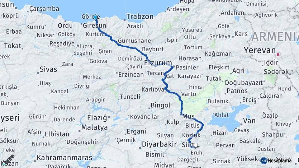 Giresun Tirebolu Siirt Arası Kaç Km - Yol Haritası