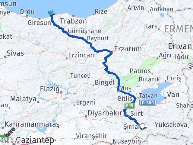 Giresun Tirebolu Şırnak Arası Kaç Km - Yol Haritası