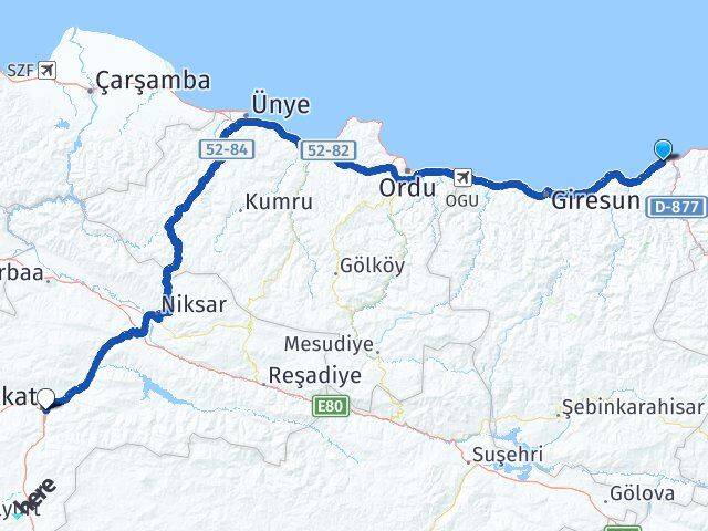 Giresun Tirebolu Tokat Arası Kaç Km - Yol Haritası