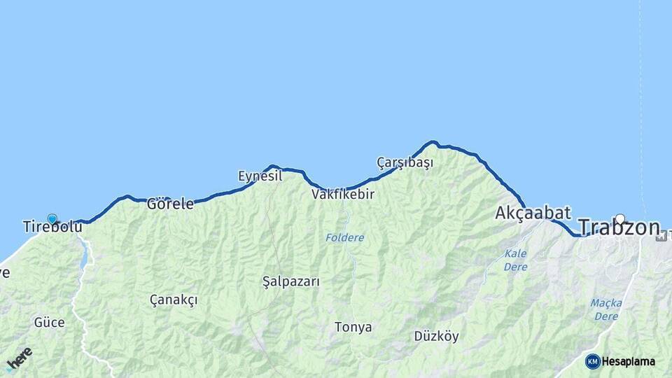 Giresun Tirebolu Trabzon Arası Kaç Km - Yol Haritası