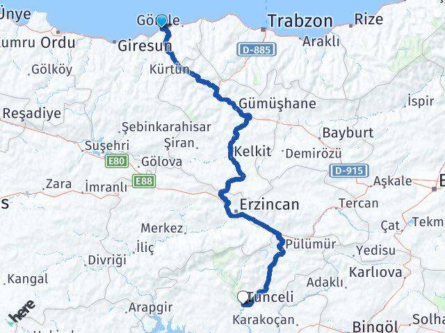 Giresun Tirebolu Tunceli Arası Kaç Km - Yol Haritası