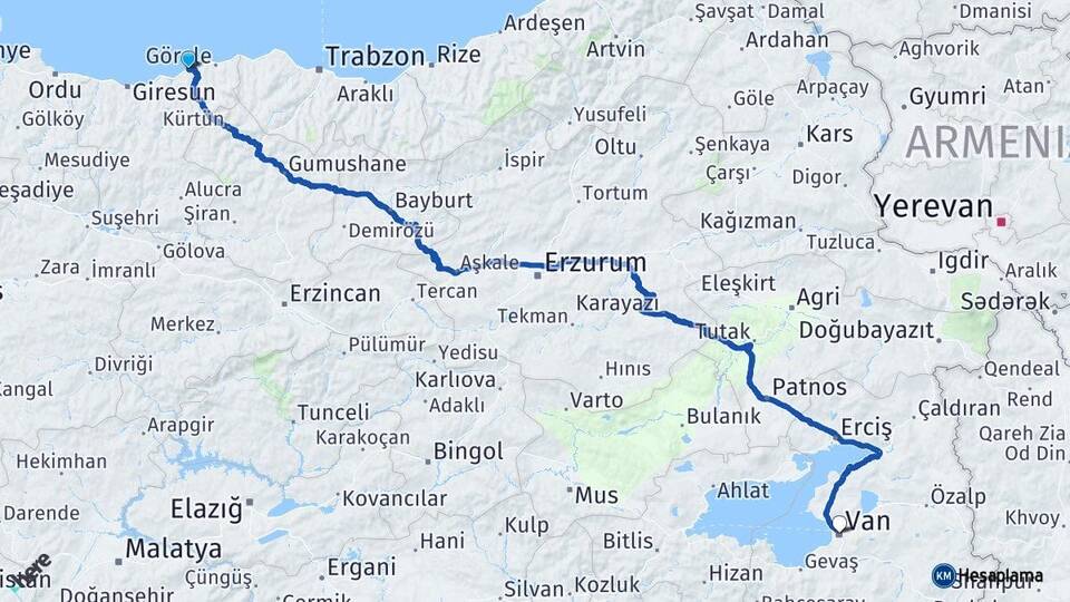 Giresun Tirebolu Van Arası Kaç Km - Yol Haritası