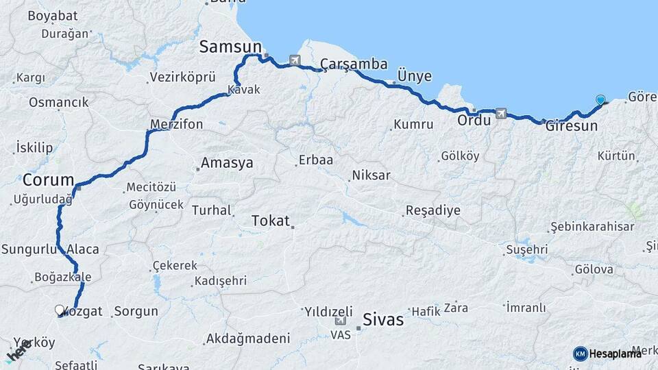 Giresun Tirebolu Yozgat Arası Kaç Km - Yol Haritası