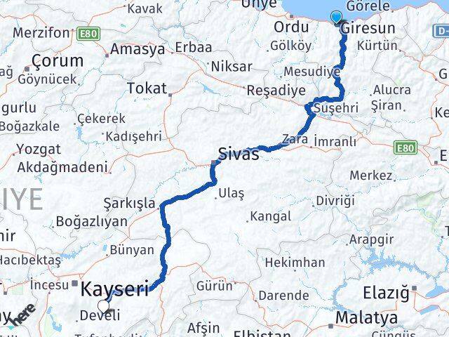 Giresun Tomarza Kayseri Arası Kaç Km - Yol Haritası