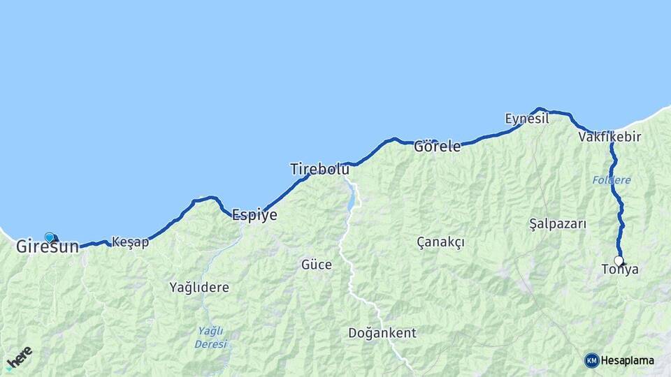 Giresun Tonya Trabzon Arası Kaç Km - Yol Haritası