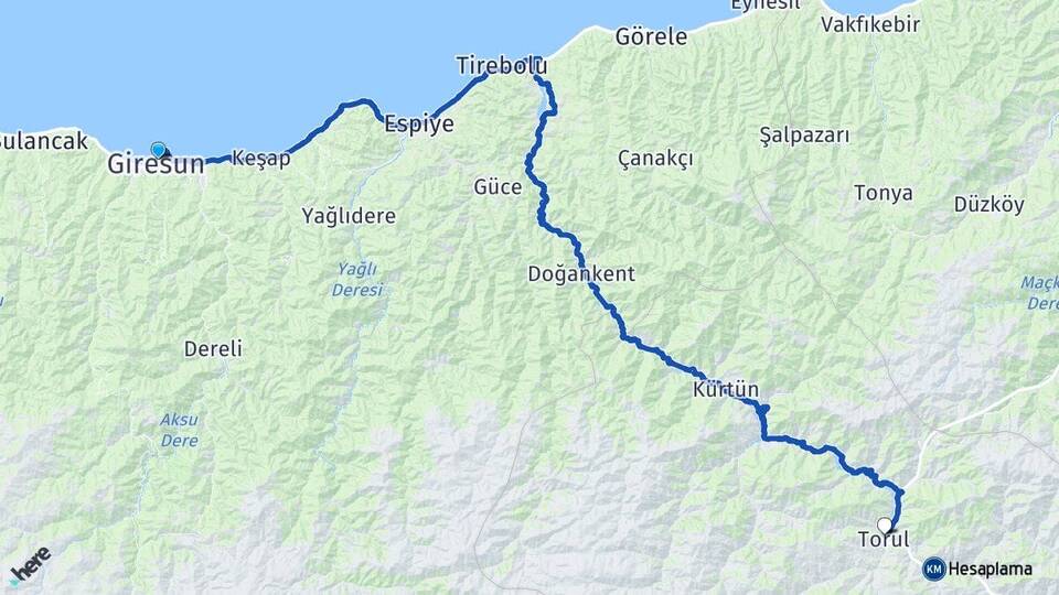 Giresun Torul Gümüşhane Arası Kaç Km - Yol Haritası