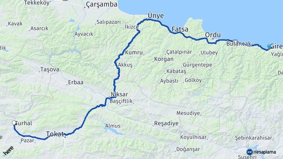 Giresun Turhal Tokat Arası Kaç Km - Yol Haritası