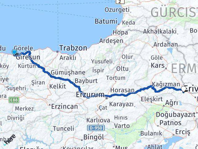 Giresun Tuzluca Iğdır Arası Kaç Km - Yol Haritası