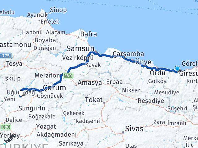 Giresun Uğurludağ Çorum Arası Kaç Km - Yol Haritası