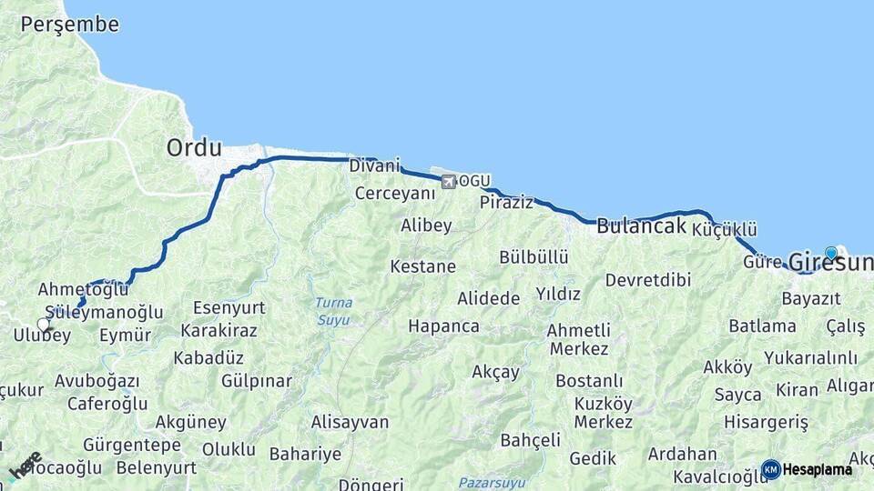 Giresun Ulubey Ordu Arası Kaç Km - Yol Haritası
