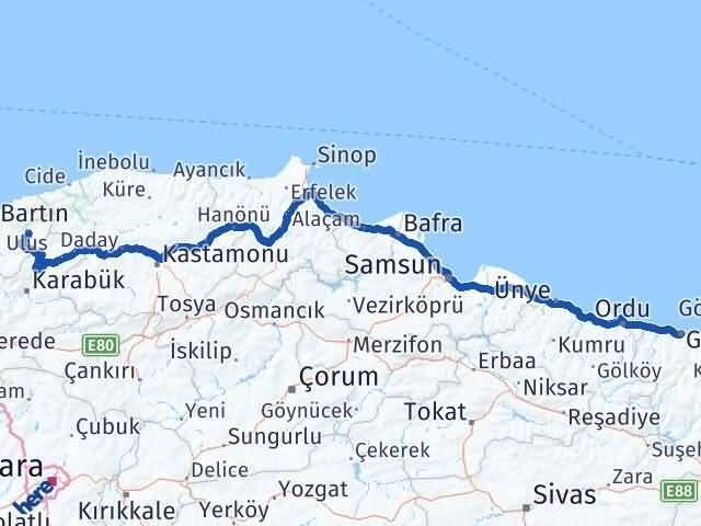 Giresun Ulus Bartın Arası Kaç Km - Yol Haritası